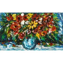 ציור מצבעי אקריל ושמן – פרחים באגרטל כחול