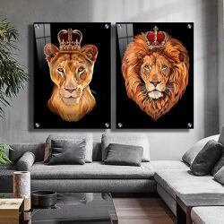 T-7 זוג ציורים של אריה ולביאה עם כתר על הראש על קנבס או זכוכית לבחירה