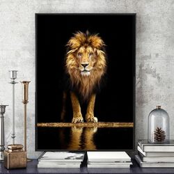A-8 ציור מיוחד של אריה עם השתקפות במים על קנבס או זכוכית