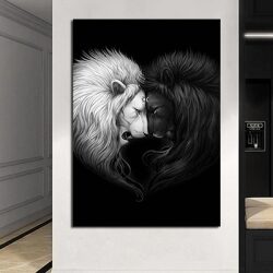 A-22 ציור מודרני של אריה שחור ואריה לבן על זכוכית או קנבס