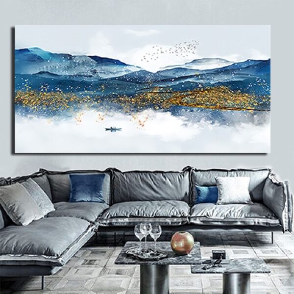 N-2 ציור של הרים בכחול ואגם עם נגיעות מוזהבות על זכוכית או קנבס לבחירה