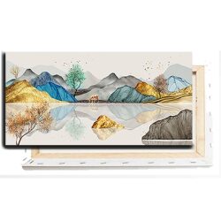 N-3 ציור נוף מיוחד עם איילים והרים בזהב על קנבס או זכוכית לבחירה