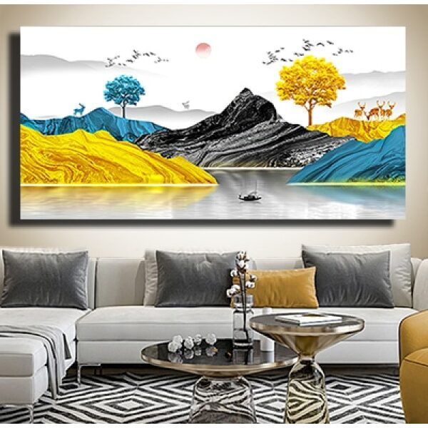 N-4 ציור של הרים צבעוניים ואיילים בטבע על זכוכית או קנבס לבחירה