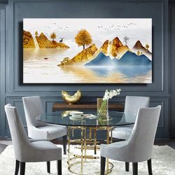 N-5 ציור מודרני לסלון של איילים בטבע בשילוב זהב להדפסה על קנבס וזכוכית