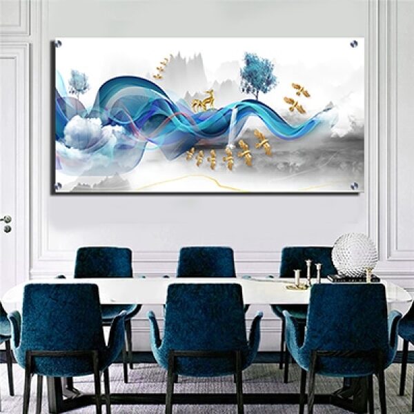 N-9 ציור מיוחד אבסטרקט משולב נוף עם איילים וציפורים בזהב על זכוכית או קנבס