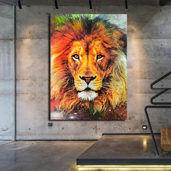 A-40 תמונה של אריה צבעוני לסלון או חדר שינה על זכוכית או קנבס לבחירה
