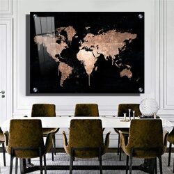 AB-24 תמונת אבסטרקט מיוחדת של מפת עולם בגווני שחור וזהב להדפסה על זכוכית או קנבס
