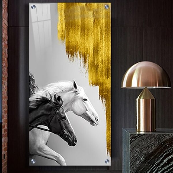 A-140 תמונה מיוחדת של זוג סוסים דוהרים בשילוב נגיעות זהב על זכוכית או קנבס