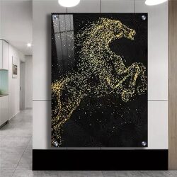 A-141 תמונה אמנותית של סוס עשוי מנקודות מוזהבות על זכוכית או קנבס