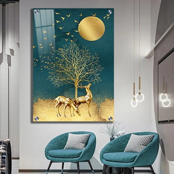 N-24 ציור של איילים בזהב לסלון או חדר שינה על קנבס או זכוכית מחוסמת