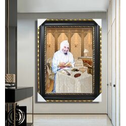 1134 – תמונה מעוצבת של בבא סאלי יושב סביב שולחן שבת להדפסה על קנבס או זכוכית
