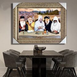1195 – תמונה של הרבנים למשפחת אבוחצירא סביב שולחן על רקע הכותל
