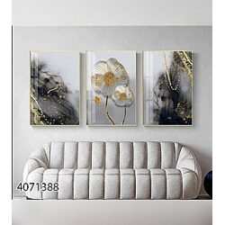 שלישיית תמונות קנבס דגם פרחים זהב
