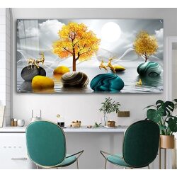 N-33 ציור נוף מודרני עם איילים ועצים בזהב לסלון או חדר שינה