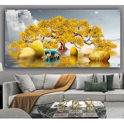 N-36 ציור נוף מיוחד עץ ואיילים בזהב לסלון או חדר שינה על זכוכית מחוסמת או קנבס