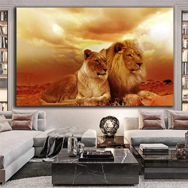 A-49 תמונה מיוחדת של אריה ולביאה בטבע להדפסה על קנבס או זכוכית