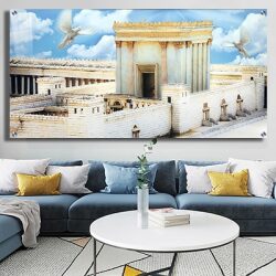3008 – תמונה מעוצבת של בית המקדש על רקע שמיים כחולים ויונות שלום