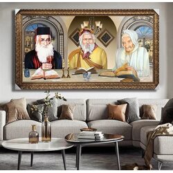 3031 – תמונה מעוצבת של שלושת הרבנים לבית משפחת אבוחצירא יושבים סביב שולחן