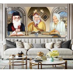 3031 – תמונה מעוצבת של שלושת הרבנים לבית משפחת אבוחצירא יושבים סביב שולחן
