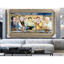 3035 – תמונה של הרבנים יושבים סביב שולחן על רקע בית המקדש וירושלים