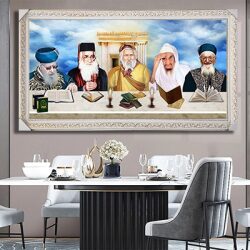 3038 – תמונה מעוצבת של רבנים יושבים סביב שולחן על רקע בית המקדש