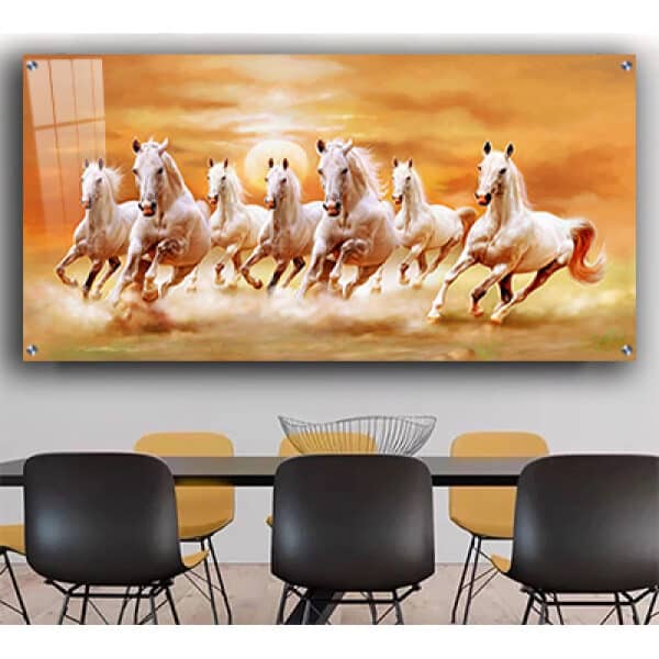 A-151 ציור מודרני של סוסים לבנים דוהרים בשקיעה על זכוכית או קנבס