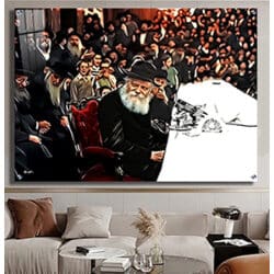 872 – ציור מיוחד של הרבי מליובאוויטש מחייך בהתוועדות ויוש בעל כסא אדום