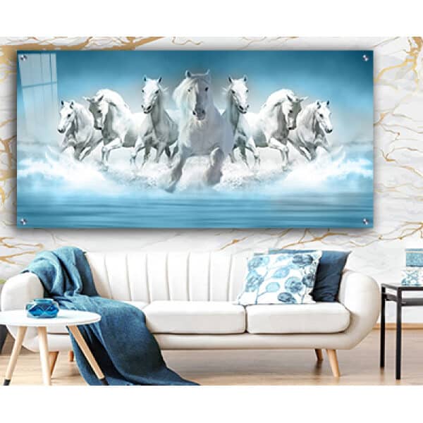 A-150 ציור מודרני של סוסים לבנים דוהרים בים על זכוכית או קנבס