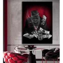 A-119 תמונת זכוכית או קנבס מודרנית של קוף מעשן וסופר דולרים לסלון או חדר שינה