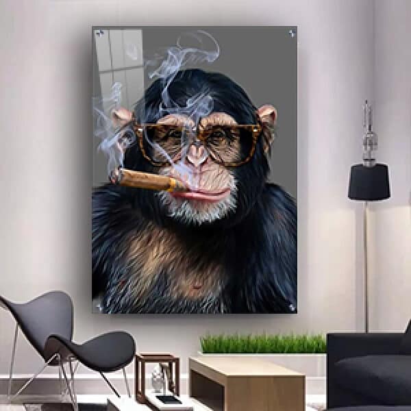 A-118 תמונת זכוכית או קנבס מודרנית של קוף עם משקפיים מעשן סיגר