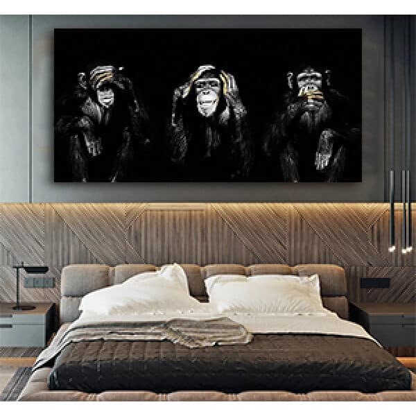 A-112 תמונה פנורמית על זכוכית או קנבס של שלישיית קופים. לא שומע, לא רואה, לא מדבר