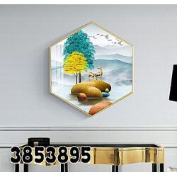 תמונת קנבס משושה דגם עץ טורקיז וצהוב באגם