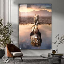 A-77 ציור של גור אריות עם השתקפות של אריה בוגר על קנבס או זכוכית
