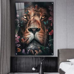 A-66 תמונת זכוכית או קנבס של פני אריה עם פרחים וחיות מסביב לסלון או חדר שינה