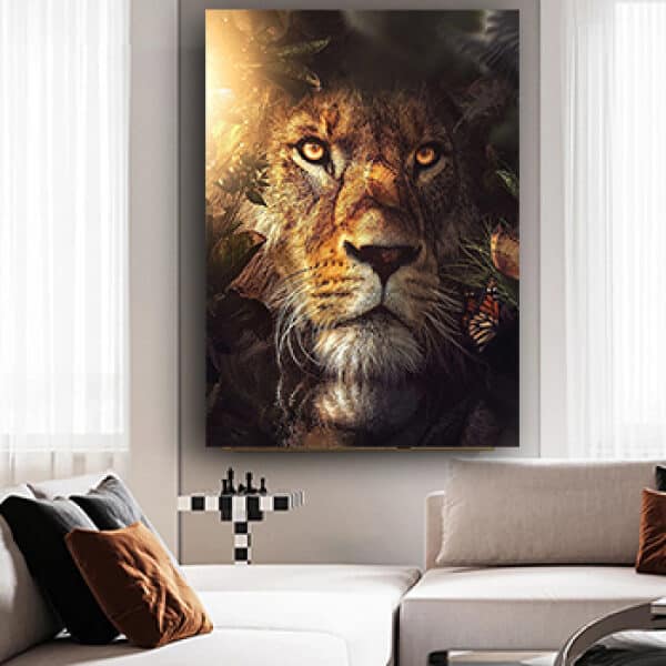 A-67 תמונת זכוכית או קנבס של פני אריה בטבע לסלון או חדר שינה