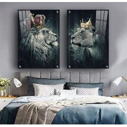 T-17תמונת זכוכית זוג תמונות זכוכית או קנבס של אריה ולביאה עם כתר לסלון או חדר שינה