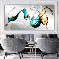 K-14 תמונת אבסטרקט מודרנית עם כוסות יין מתמזגות וסירות בזהב על זכוכית או קנבס