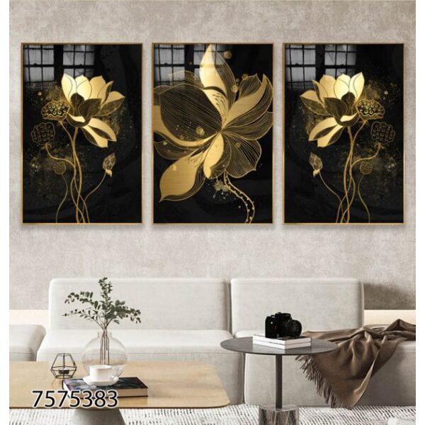 שלישיית תמונות בהדפס על קנבס פרחים זהב שחור