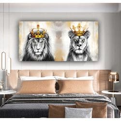 A-45 ציור מודרני של אריה ולביאה עם כתר זהב לסלון או חדר שינה