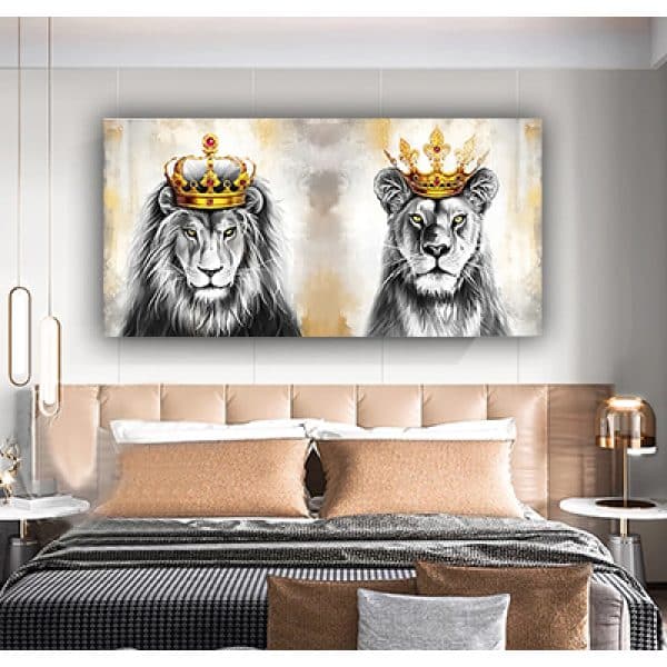 A-45 ציור מודרני של אריה ולביאה עם כתר זהב לסלון או חדר שינה