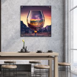 תמונת זכוכית מרובעת למטבח או לפינת אוכל דגם כוסות יין בשקיעה