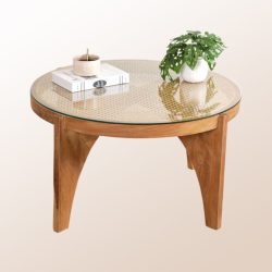 שולחן צד מעץ טיק עם זכוכית