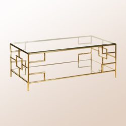 שולחן סלון זכוכית שקופה רגל זהב