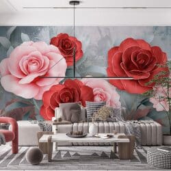 טפט תלת מימד ורדים אדומים וורודים על רקע אפור עם דוגמת ורדים