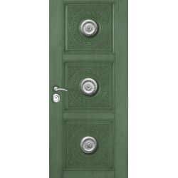 טפט לדלת. ציפוי מגנטי לדלת כניסה דגם ליאב, בצבע ירוק עם עיטורים דמוי כסף יוקרתי