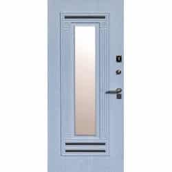טפט לדלת. ציפוי מגנטי לדלת כניסה דגם יסמין, דמוי עץ בצבע תכלת עם חלון יפייפה באמצע