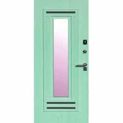 טפט לדלת. ציפוי מגנטי לדלת כניסה דגם יסמין, דמוי עץ בצבע טורקיז עם חלון יפייפה באמצע