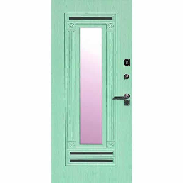 טפט לדלת. ציפוי מגנטי לדלת כניסה דגם יסמין, דמוי עץ בצבע טורקיז עם חלון יפייפה באמצע