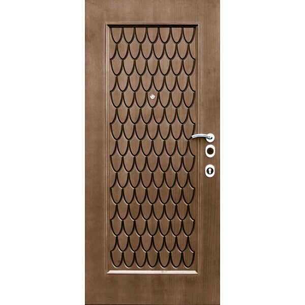 טפט לדלת. ציפוי מגנטי לדלת כניסה דגם אמיר, דמוי עץ חום עם דמוי חריטות בצורות החוזרות על עצמן