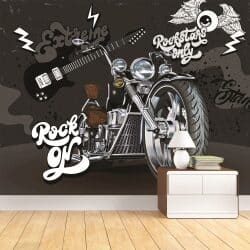 טפט חדר בנים אופנוע צ’ופר, וגיטרה על רקע קיר בטון